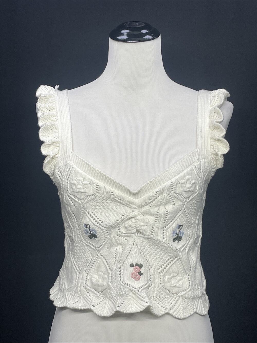 Chelsea & Violet Knit Embroidered White Crop Top Juniors L Boho Coquette Floral